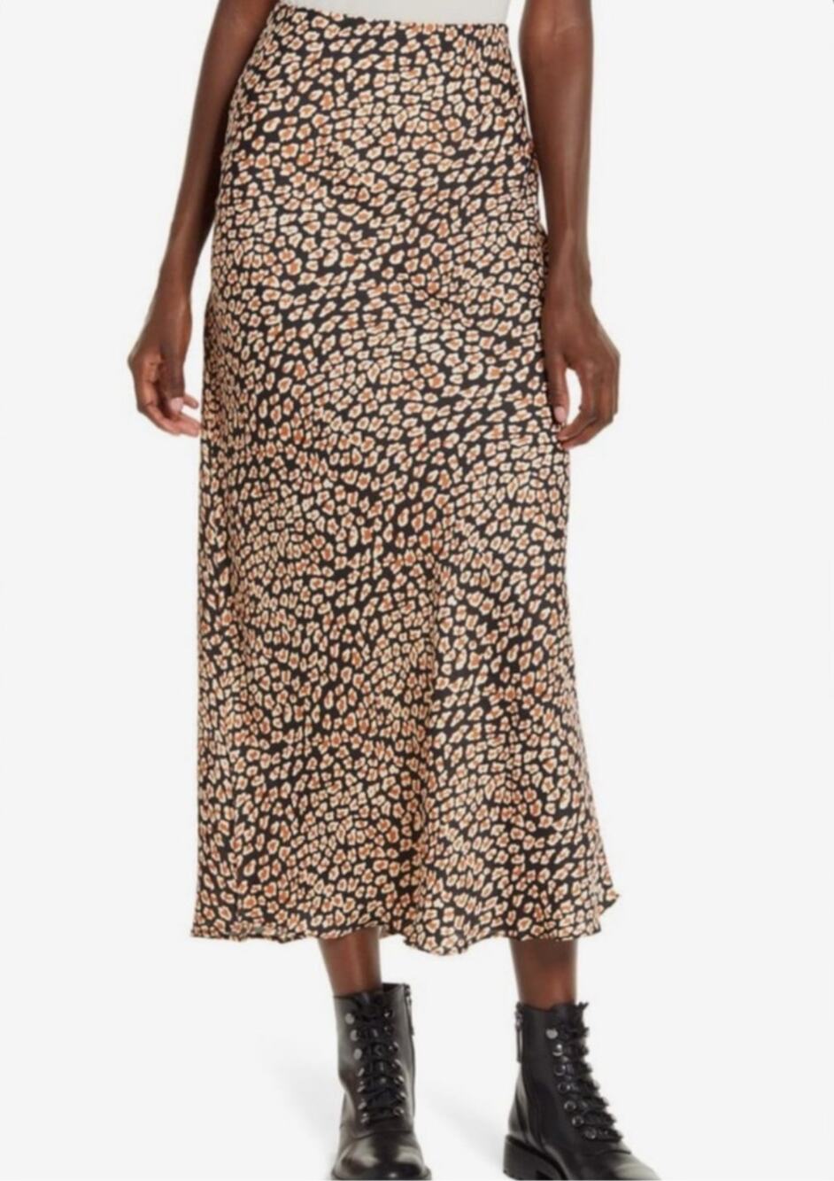 Free People Monterey Slip Skirt Midi Silky Slip on Leopard Print Size S